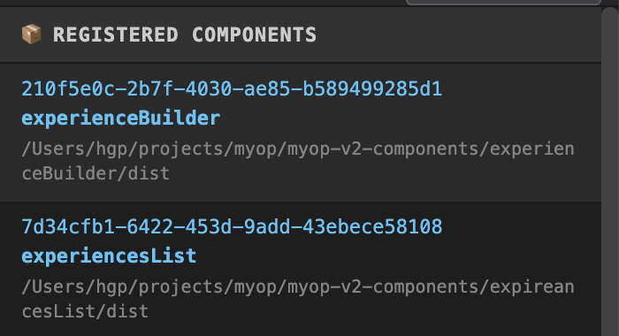 Registered Components Panel